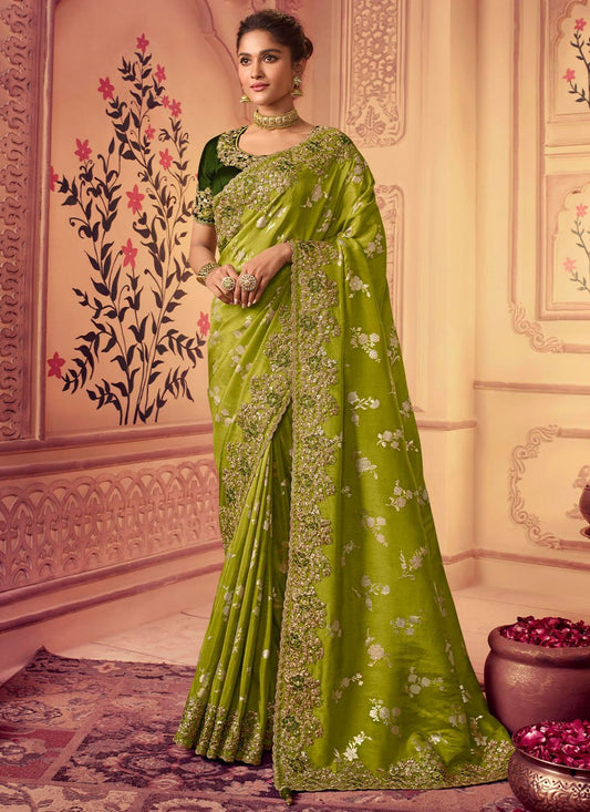 Classic Chinon Georgette Green Embroidered Saree