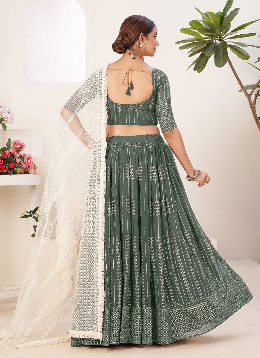 A Line Lehenga Georgette Green Embroidered Lehenga Choli