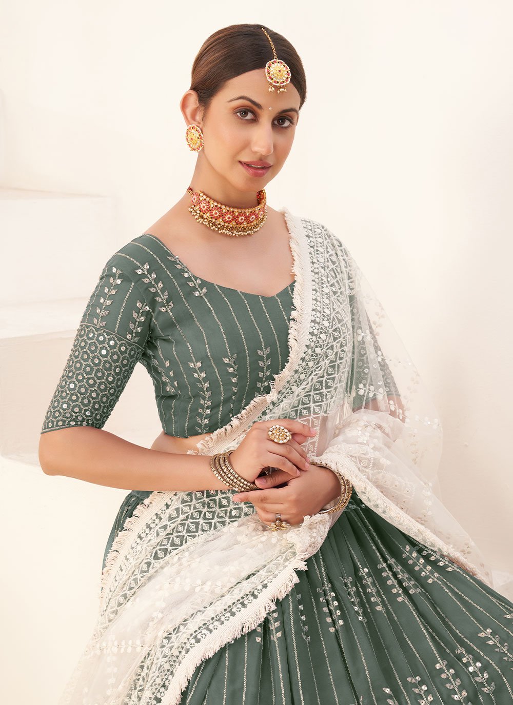 A Line Lehenga Georgette Green Embroidered Lehenga Choli