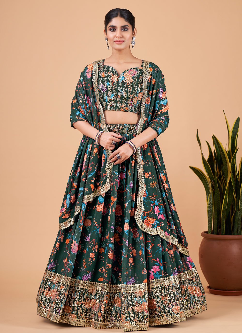 A Line Lehenga Faux Georgette Green Embroidered Lehenga Choli