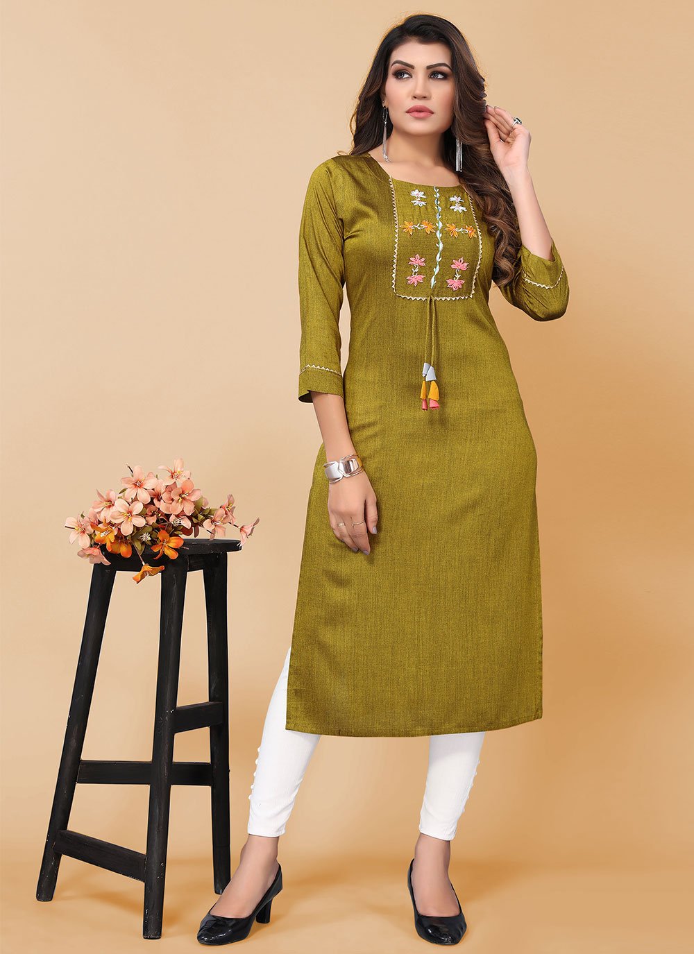 Casual Kurti Poly Cotton Green Embroidered Kurtis