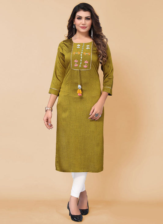 Casual Kurti Poly Cotton Green Embroidered Kurtis