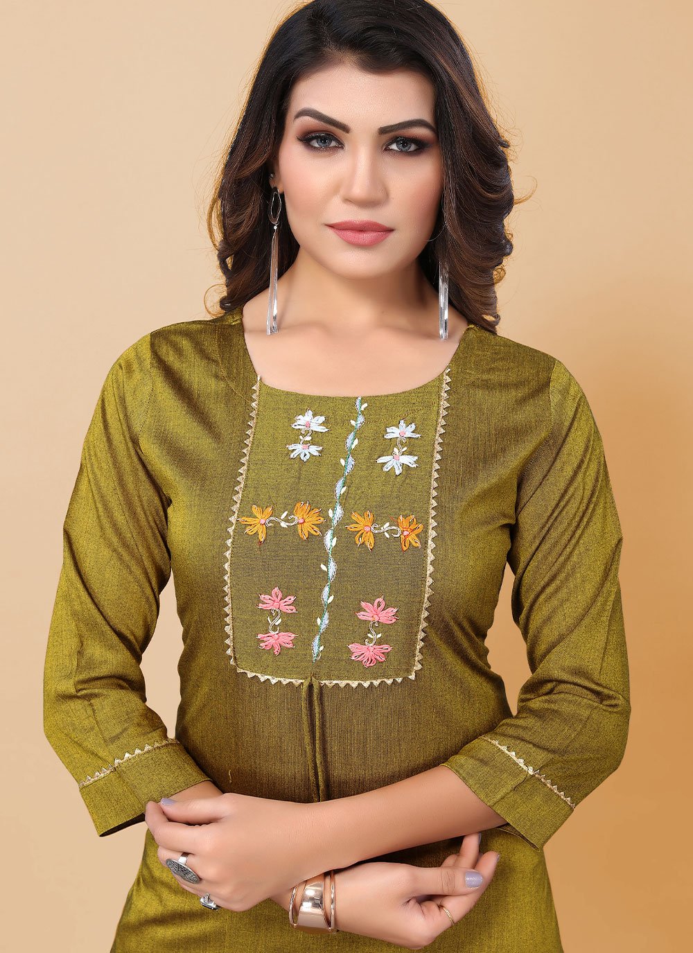 Casual Kurti Poly Cotton Green Embroidered Kurtis