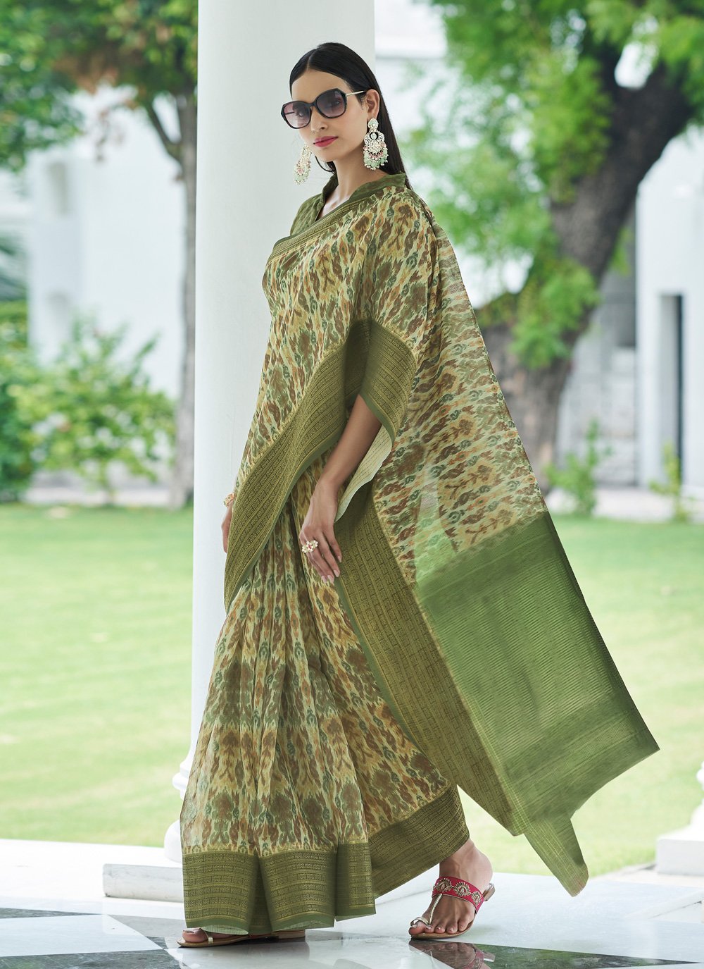 Casual Linen Green Digital Print Saree