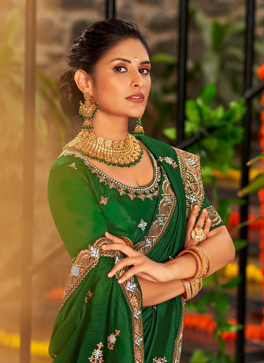 Classic Vichitra Silk Green Embroidered Saree