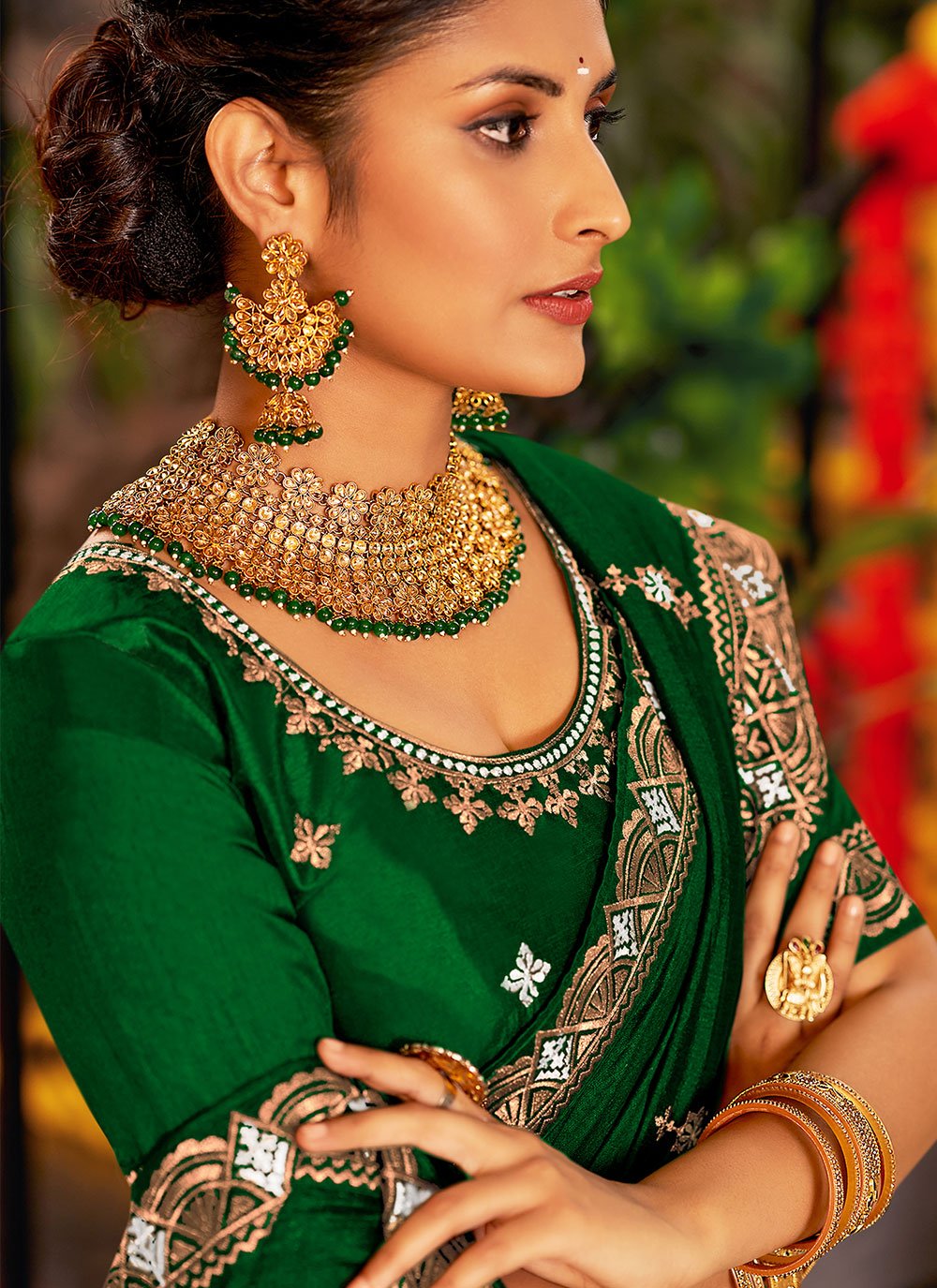 Classic Vichitra Silk Green Embroidered Saree