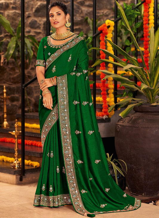 Classic Vichitra Silk Green Embroidered Saree