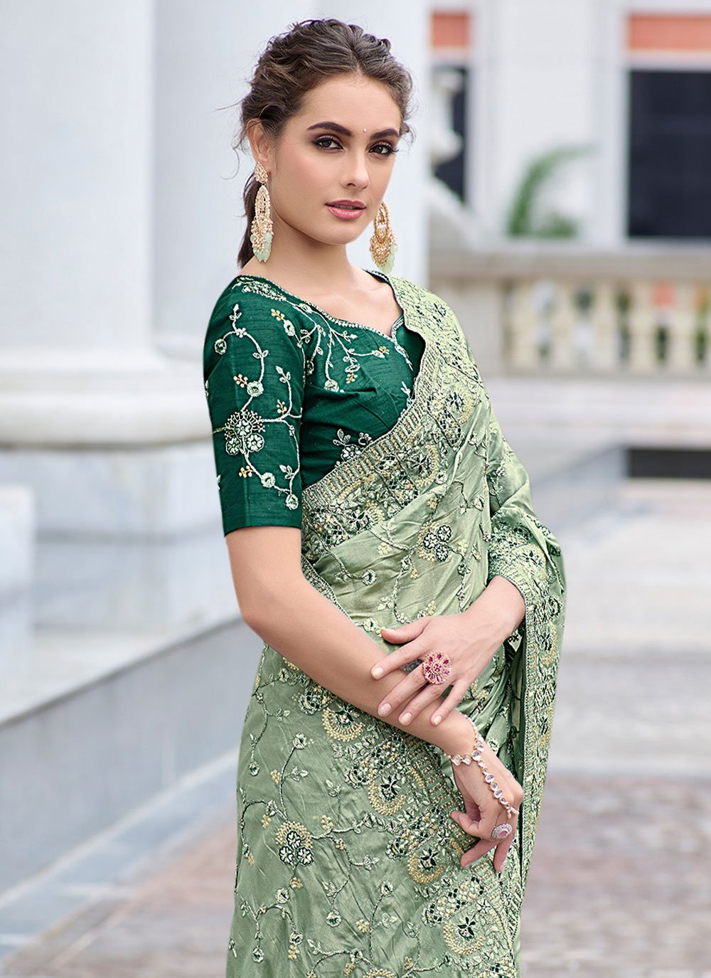 Contemporary Georgette Green Embroidered Saree