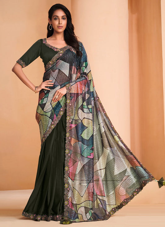 Contemporary Crepe Silk Satin Green Embroidered Saree