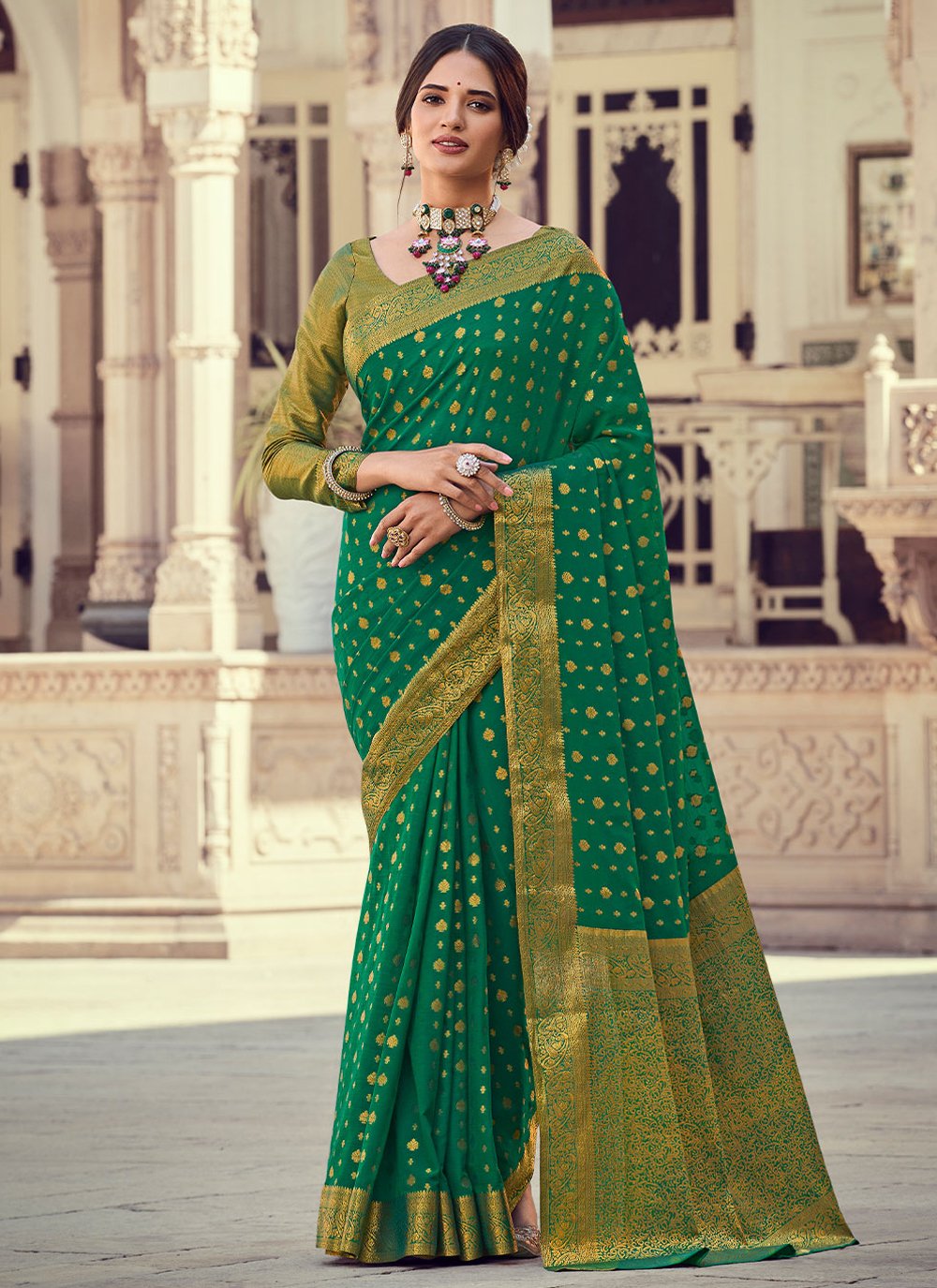 Contemporary Chiffon Silk Green Weaving Saree