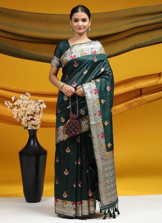 Contemporary Tussar Silk Green Meena Saree