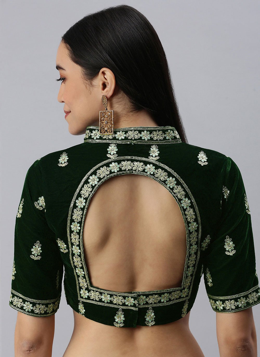 Designer Blouse Velvet Green Embroidered Blouse