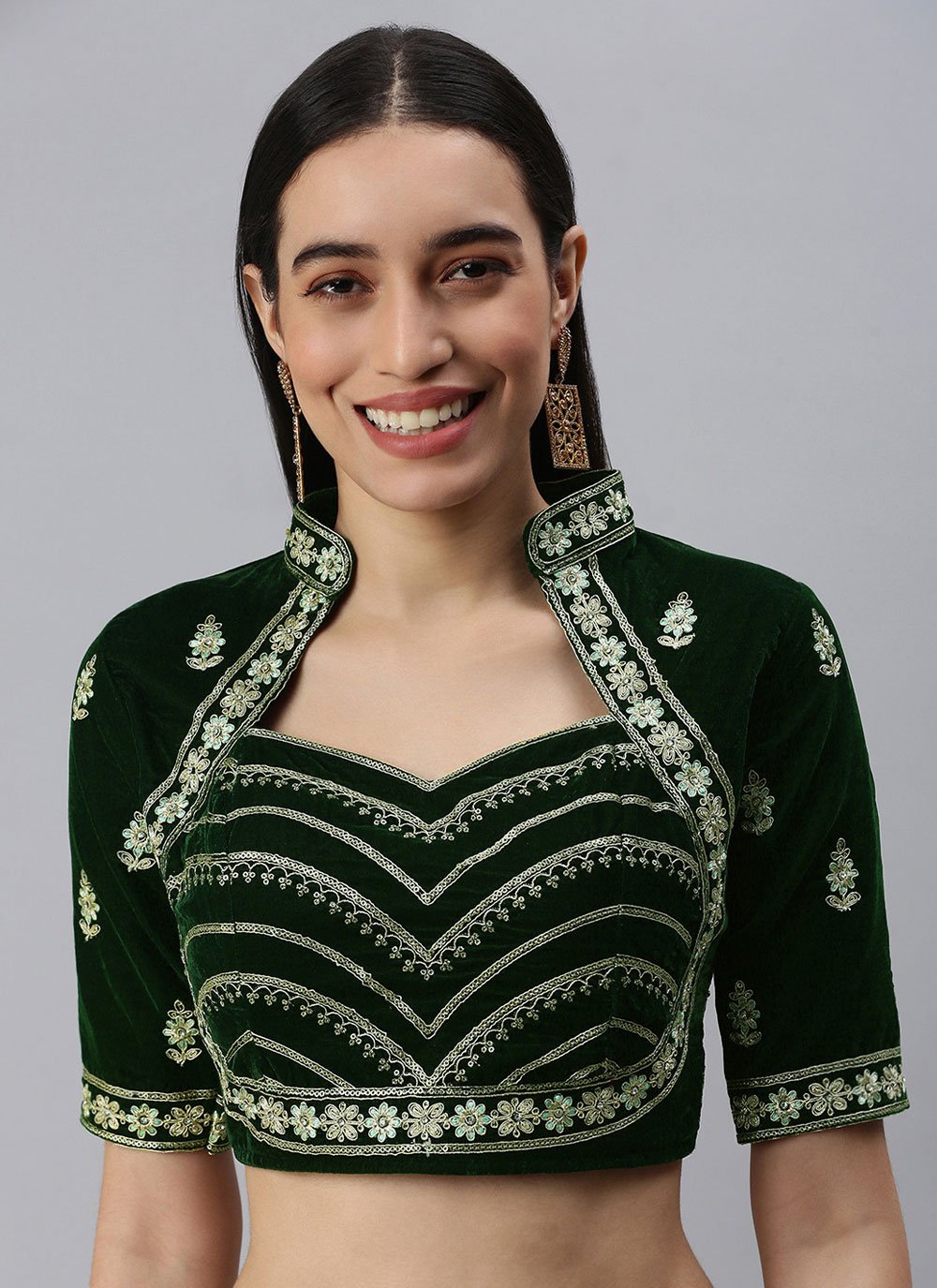 Designer Blouse Velvet Green Embroidered Blouse