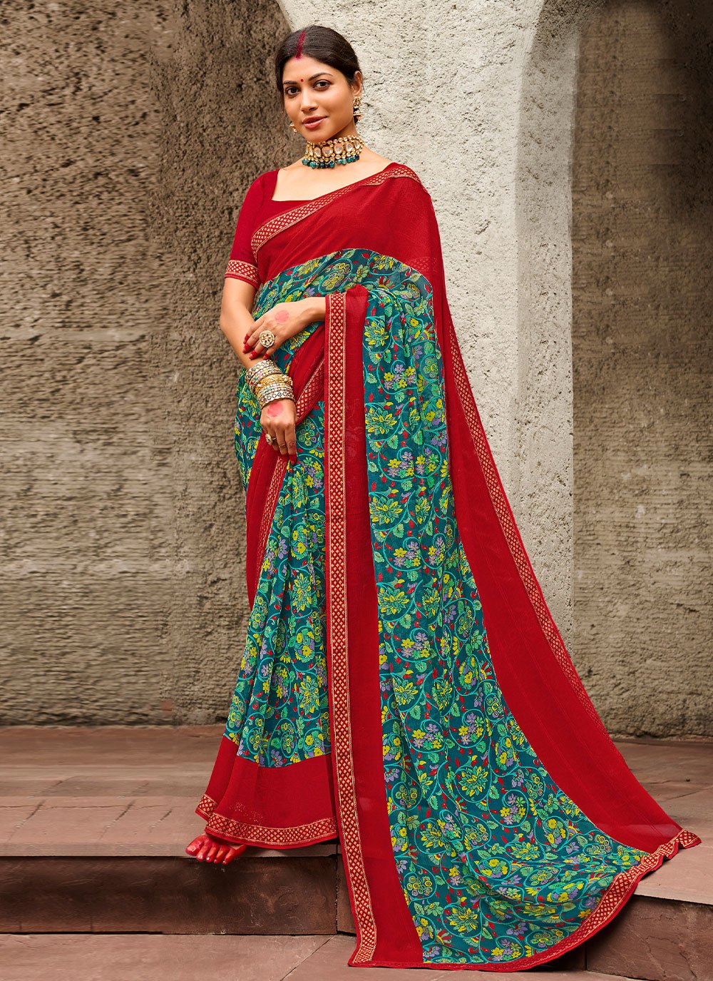 Designer Georgette Green Print Saree