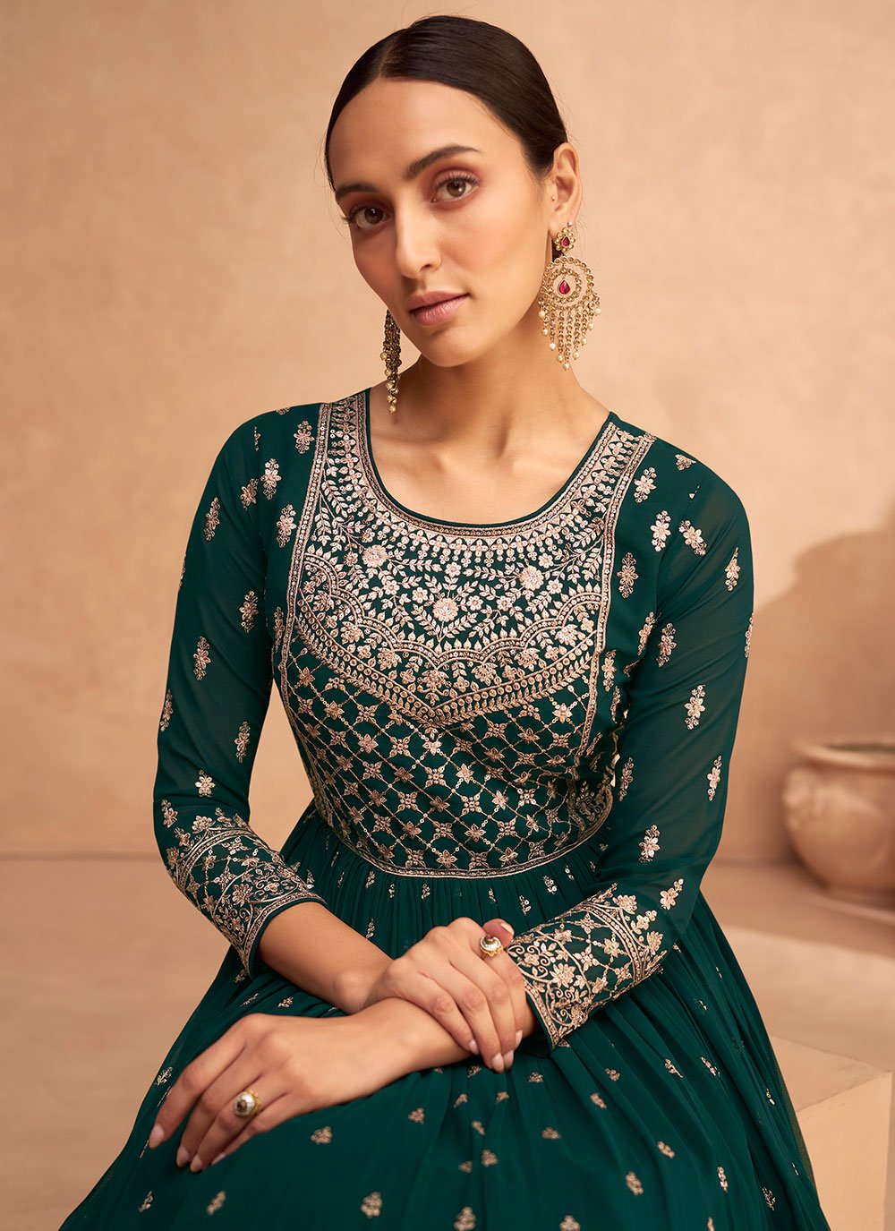 Gown Georgette Green Embroidered Gown