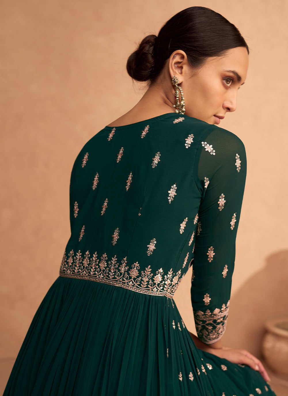 Gown Georgette Green Embroidered Gown