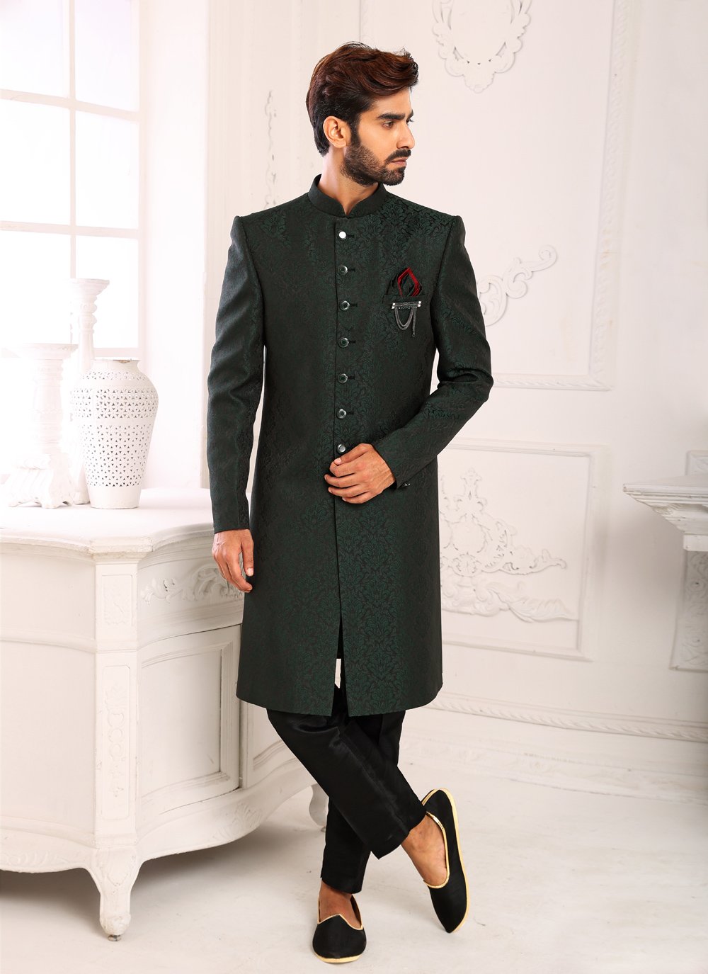 Indo Western Imported Jacquard Green Embroidered Mens