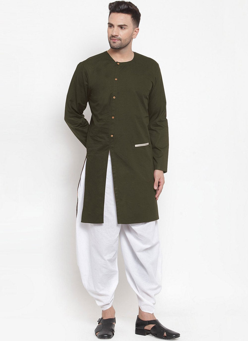 Indo Western Blended Cotton Green Plain Mens