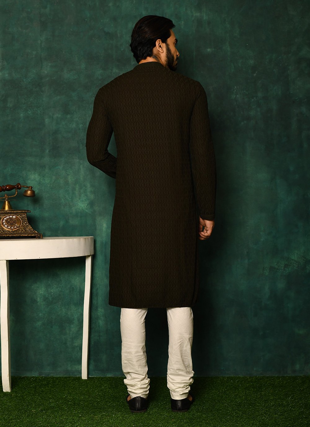 Kurta Pyjama Cotton Green Chikankari Work Mens