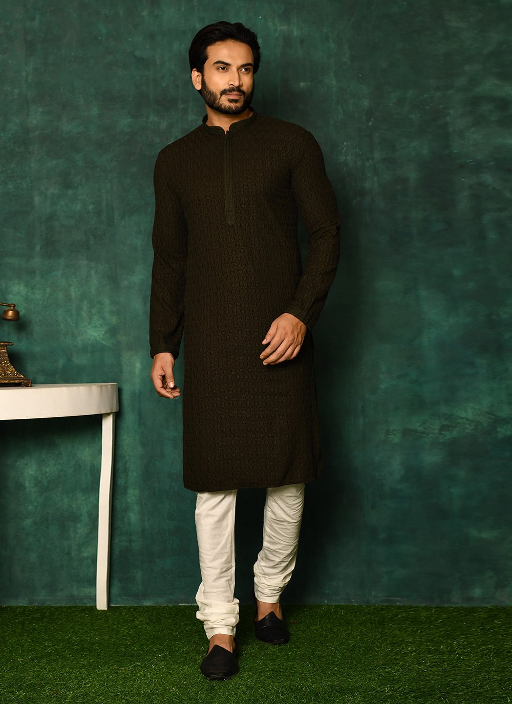 Kurta Pyjama Cotton Green Chikankari Work Mens