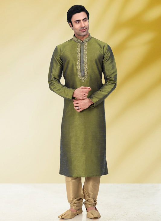 Kurta Pyjama Art Banarasi Silk Green Embroidered Mens