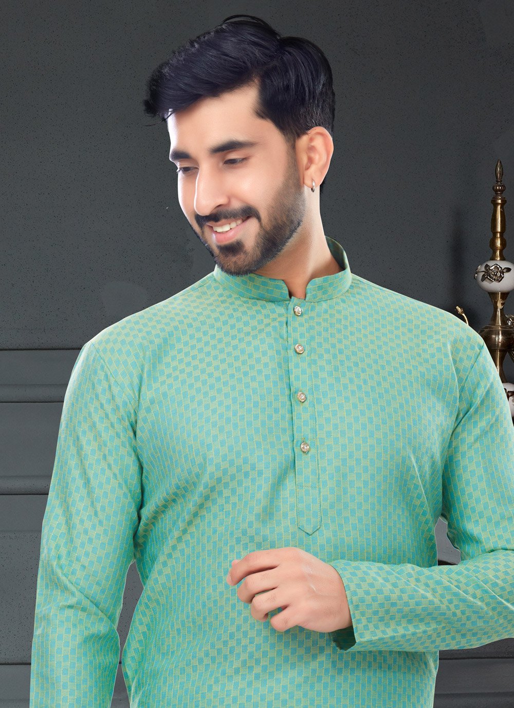 Kurta Pyjama Cotton Jacquard Green Fancy Work Mens