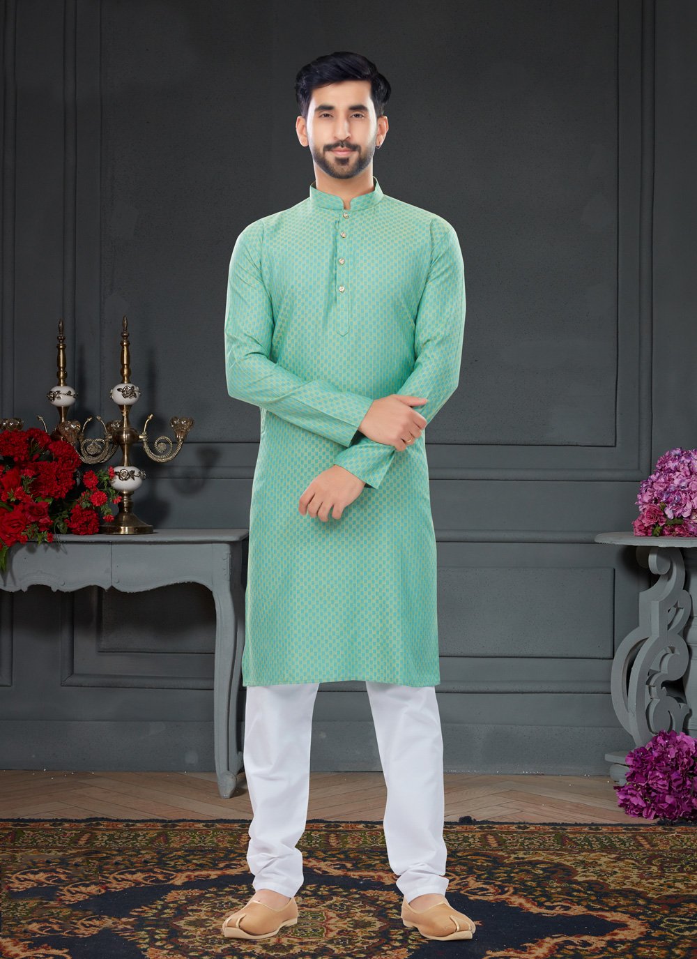 Kurta Pyjama Cotton Jacquard Green Fancy Work Mens