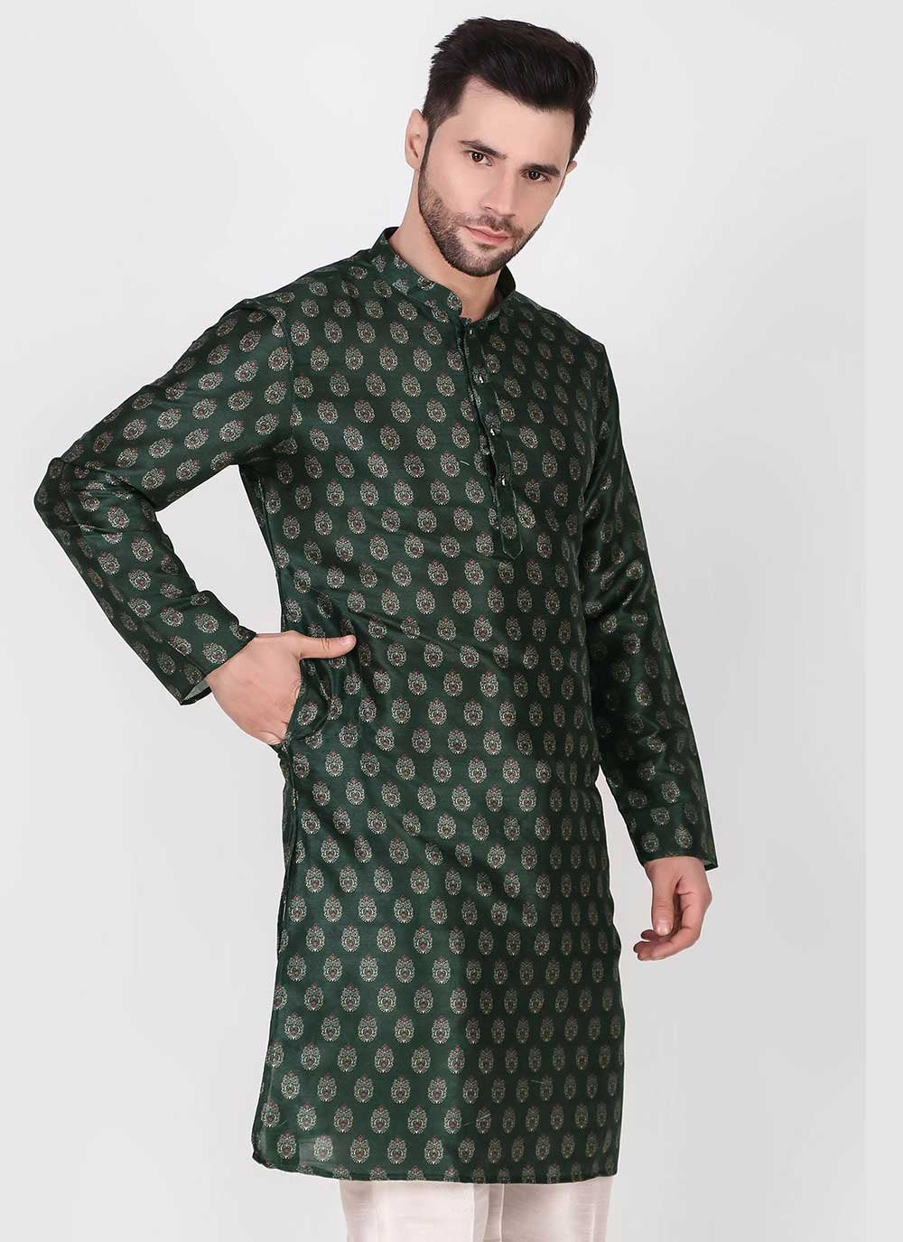 Kurta Pyjama Art Silk Green Print Mens