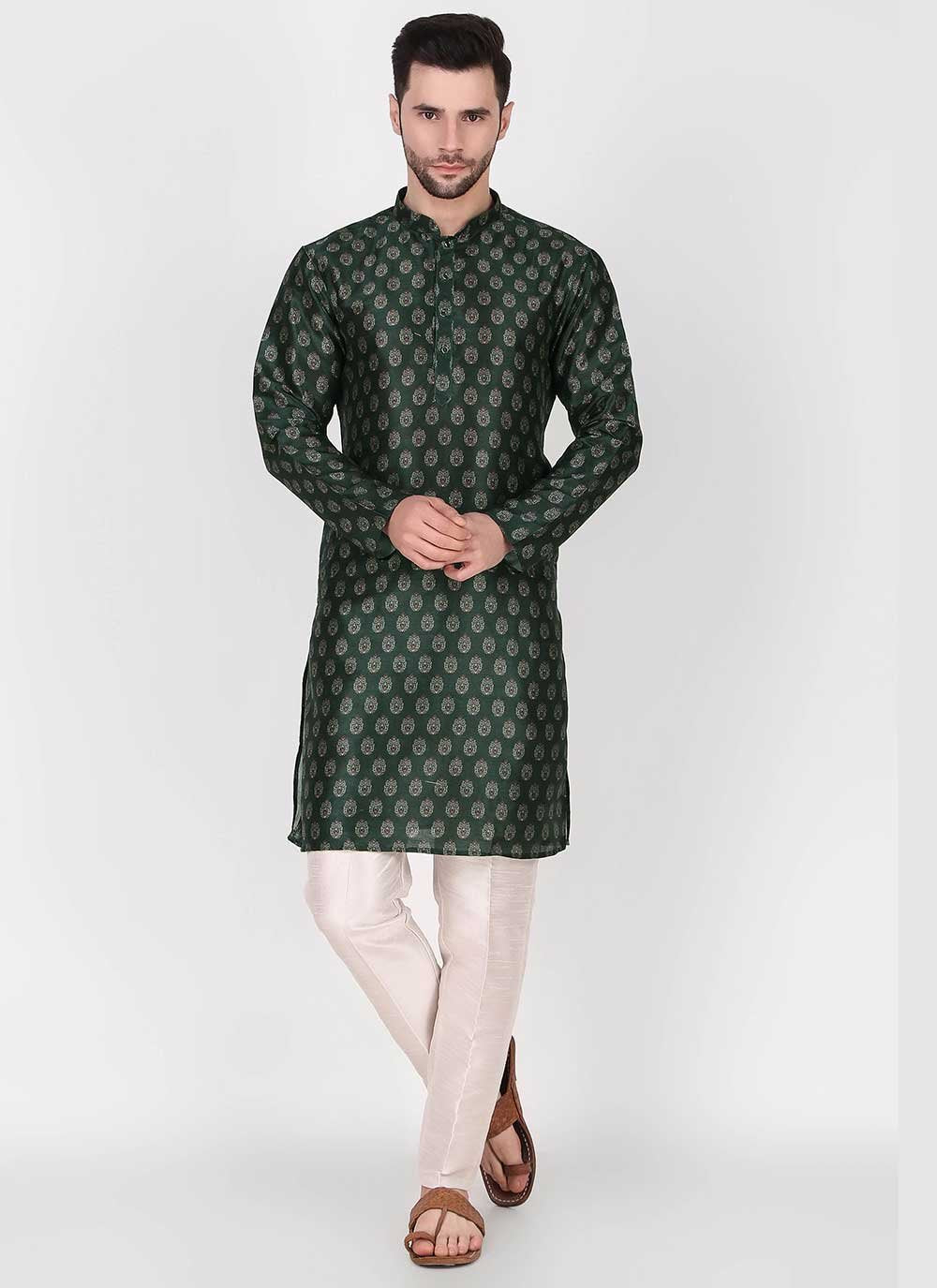 Kurta Pyjama Art Silk Green Print Mens