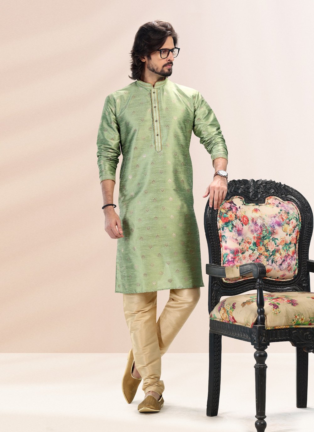Kurta Pyjama Banarasi Silk Jacquard Green Fancy Work Mens