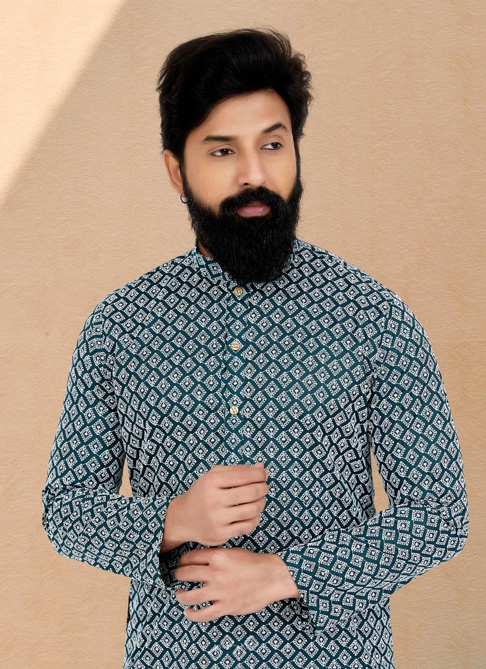 Kurta Pyjama Cotton Silk Green Embroidered Mens