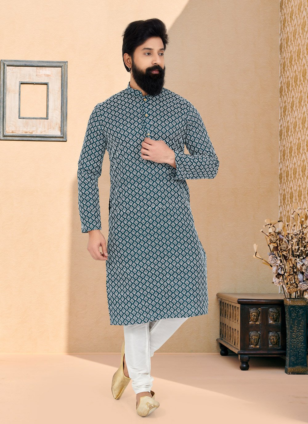 Kurta Pyjama Cotton Silk Green Embroidered Mens