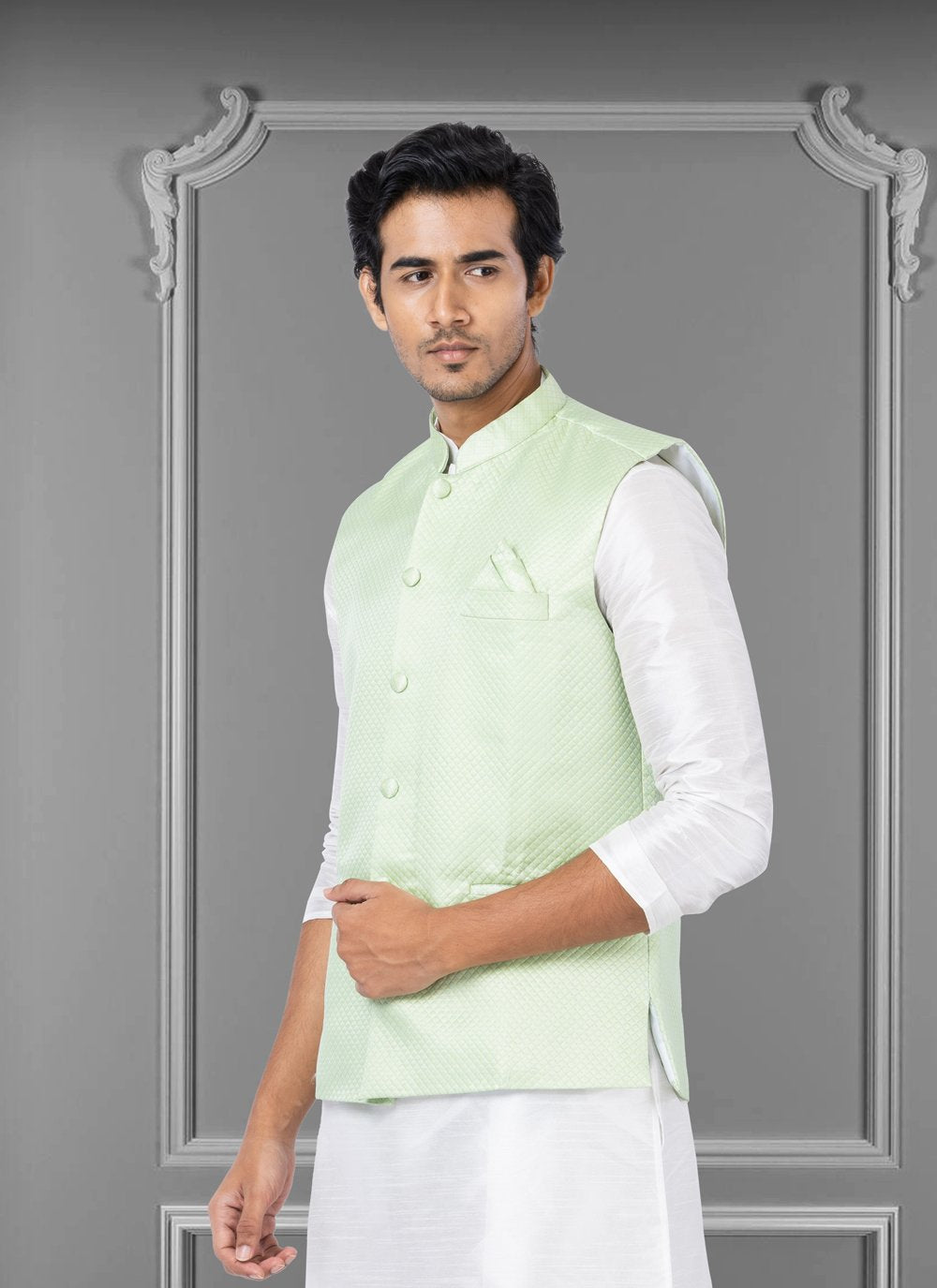 Nehru Jackets Fancy Fabric Green Embroidered Mens