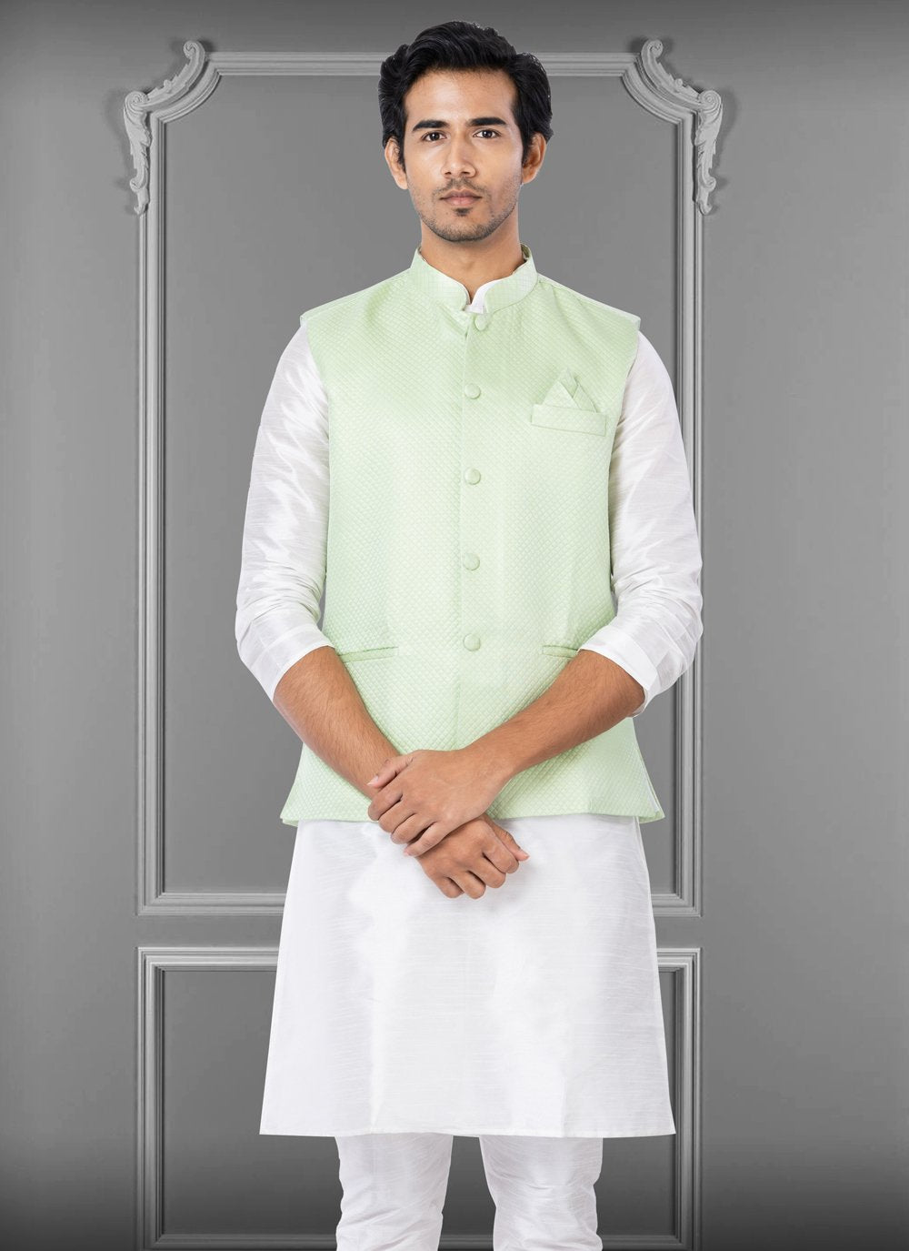 Nehru Jackets Fancy Fabric Green Embroidered Mens