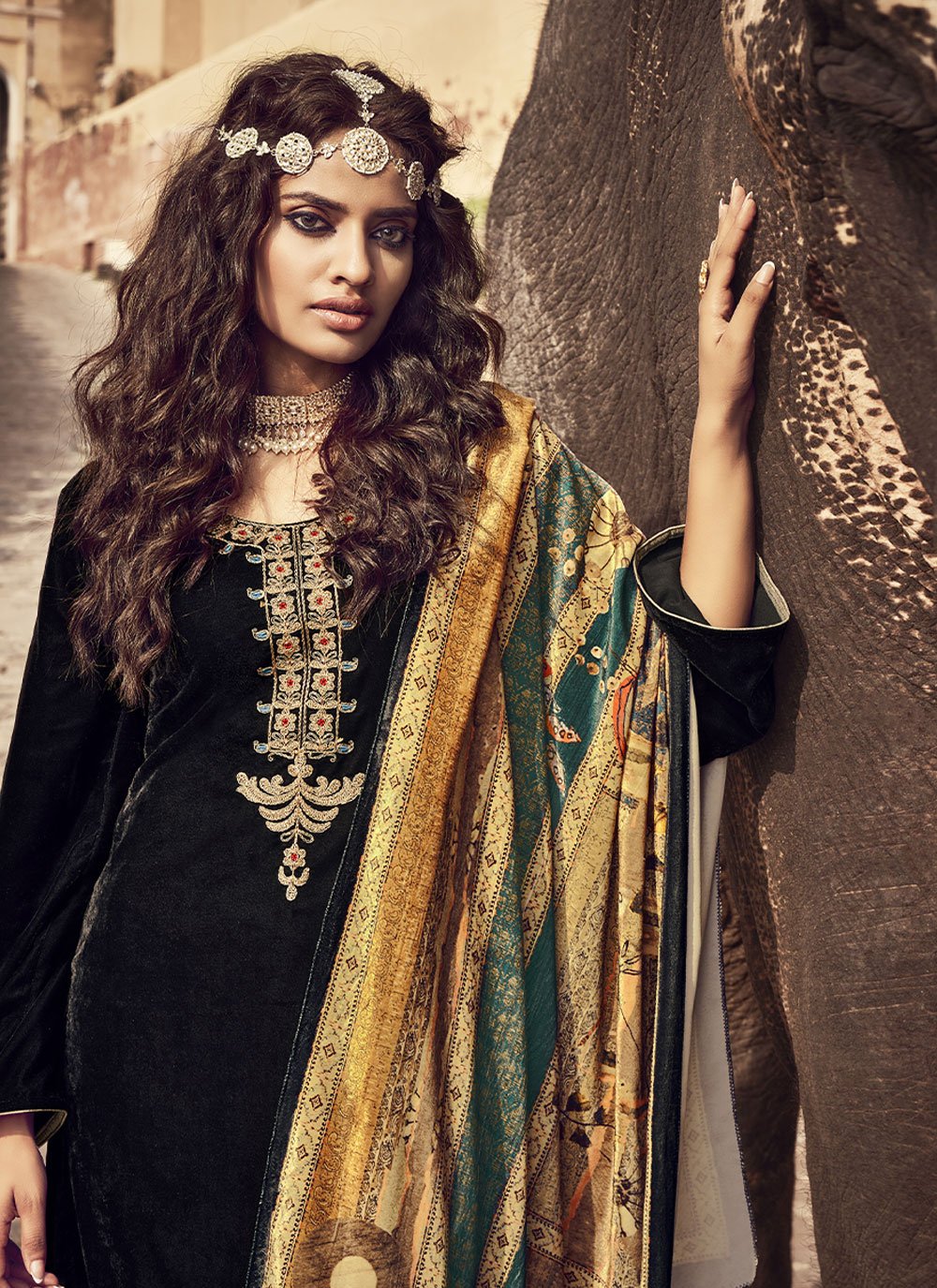 Pakistani Salwar Suit Velvet Green Embroidered Salwar Kameez