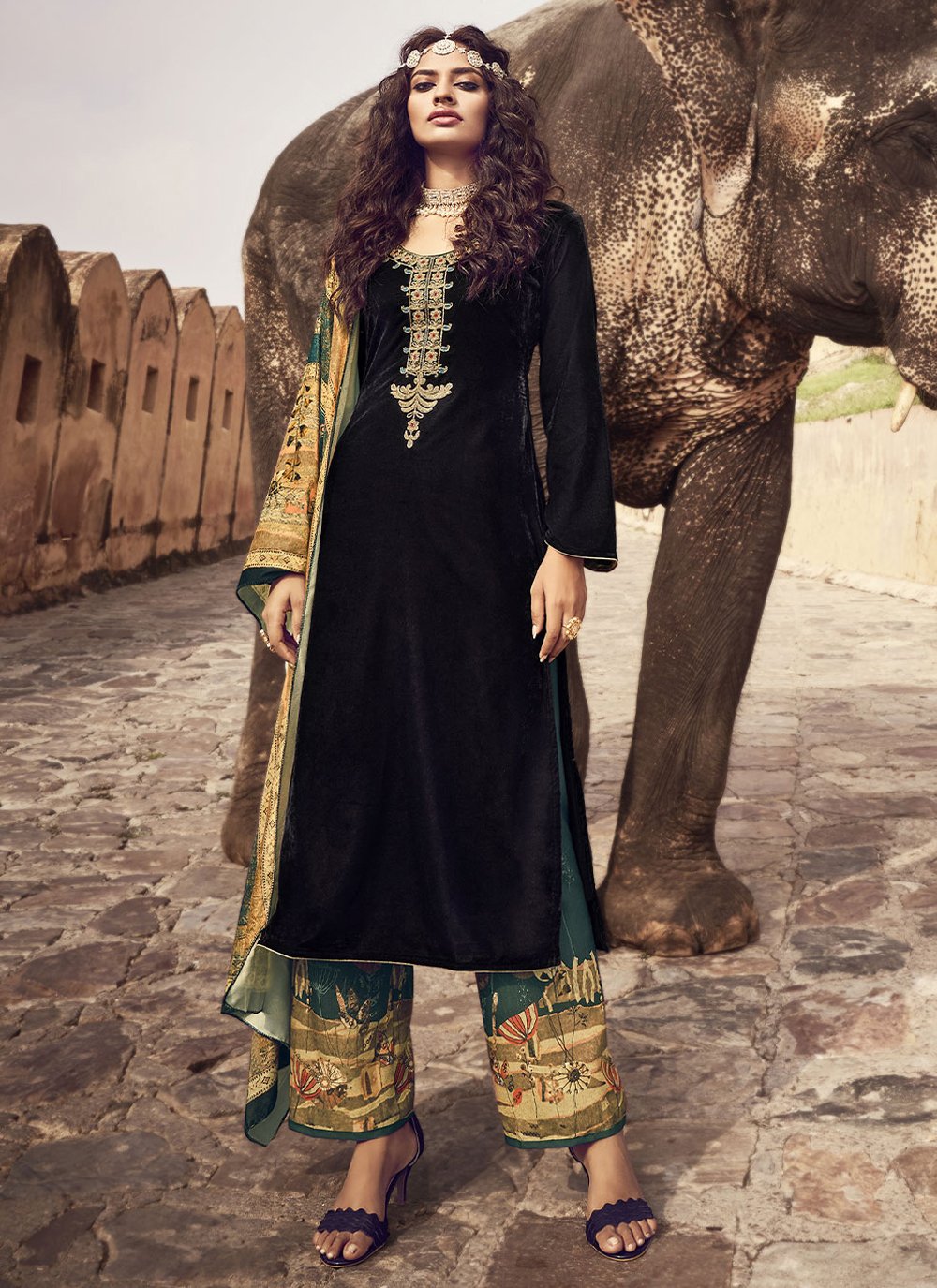 Pakistani Salwar Suit Velvet Green Embroidered Salwar Kameez