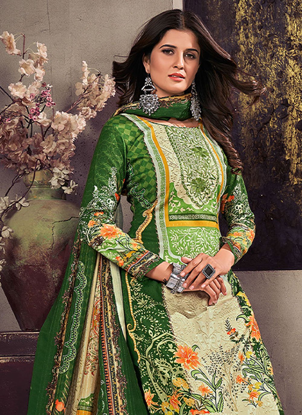 Pakistani Salwar Suit Pashmina Green Digital Print Salwar Kameez