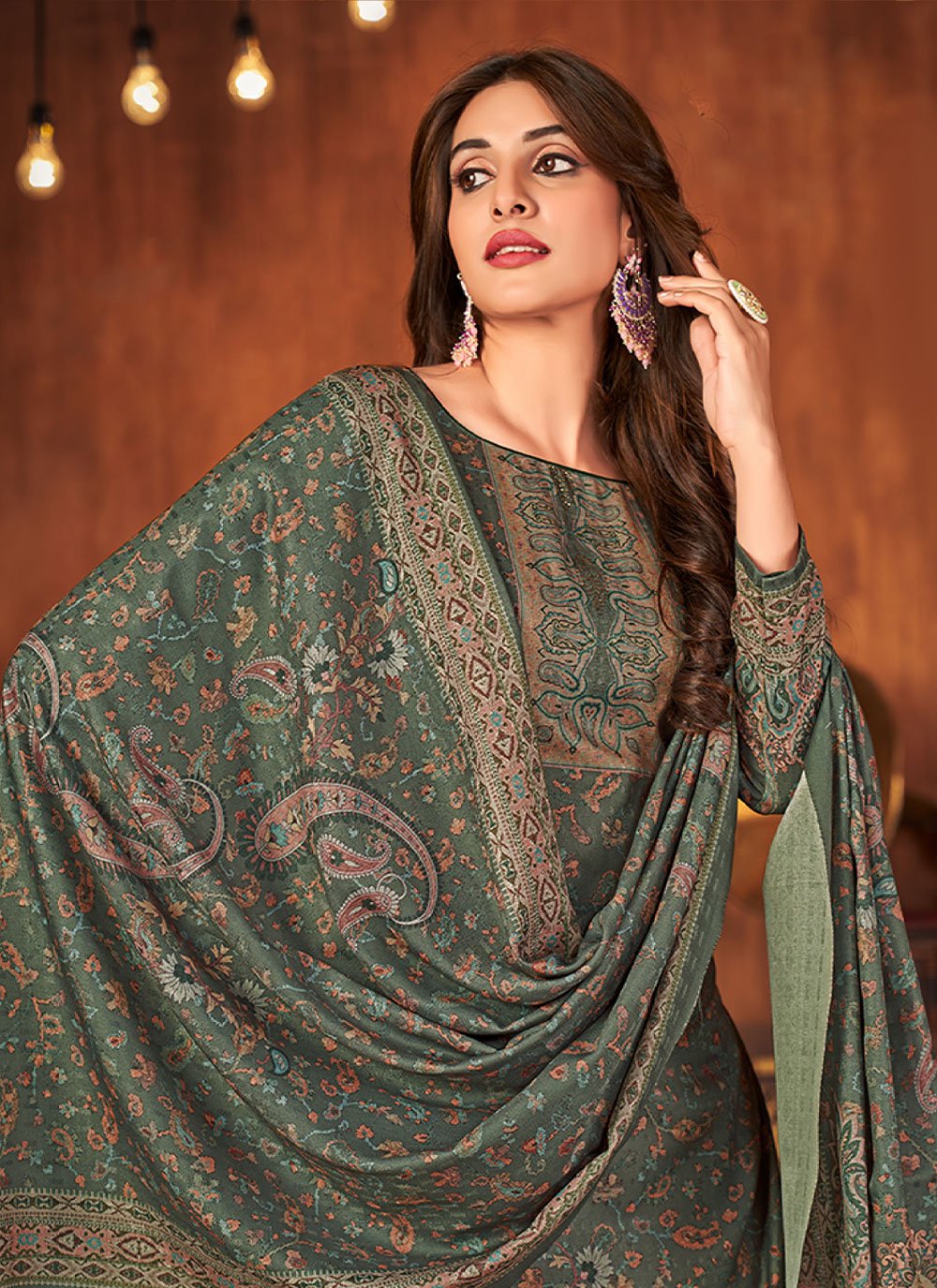 Palazzo Salwar Suit Pashmina Green Diamond Salwar Kameez