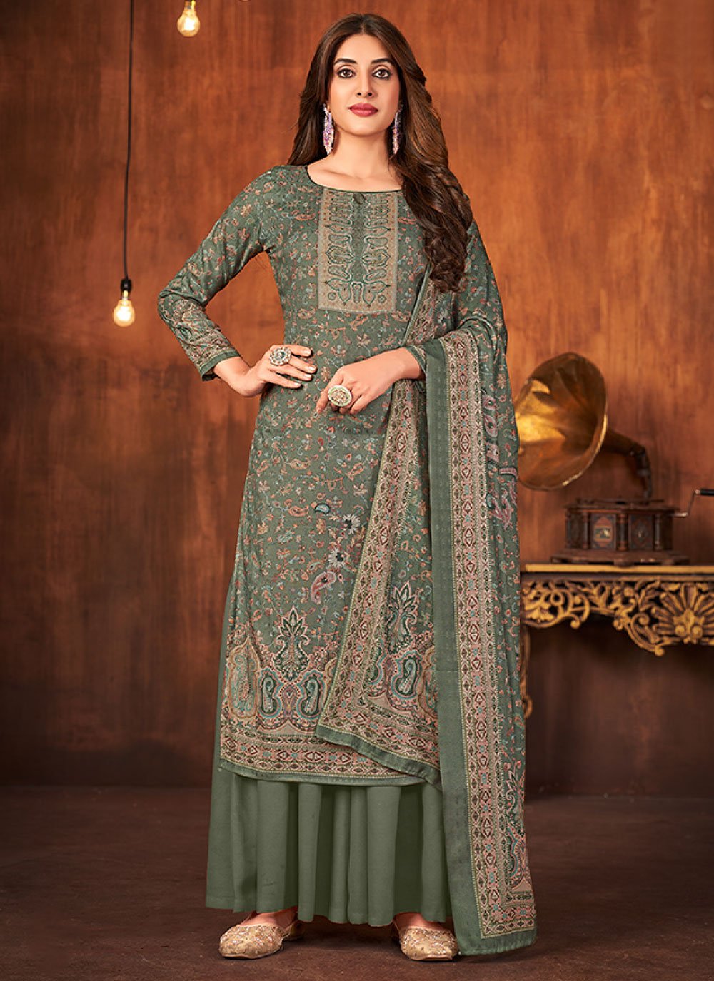 Palazzo Salwar Suit Pashmina Green Diamond Salwar Kameez