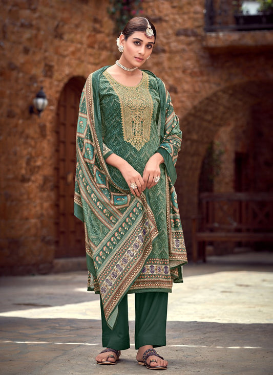 Pant Style Suit Velvet Green Digital Print Salwar Kameez
