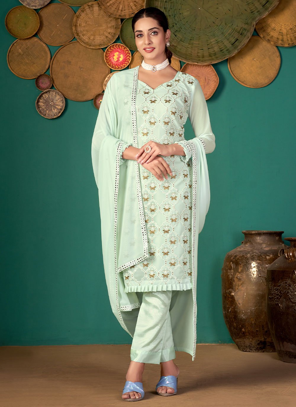 Salwar Suit Faux Georgette Green Embroidered Salwar Kameez