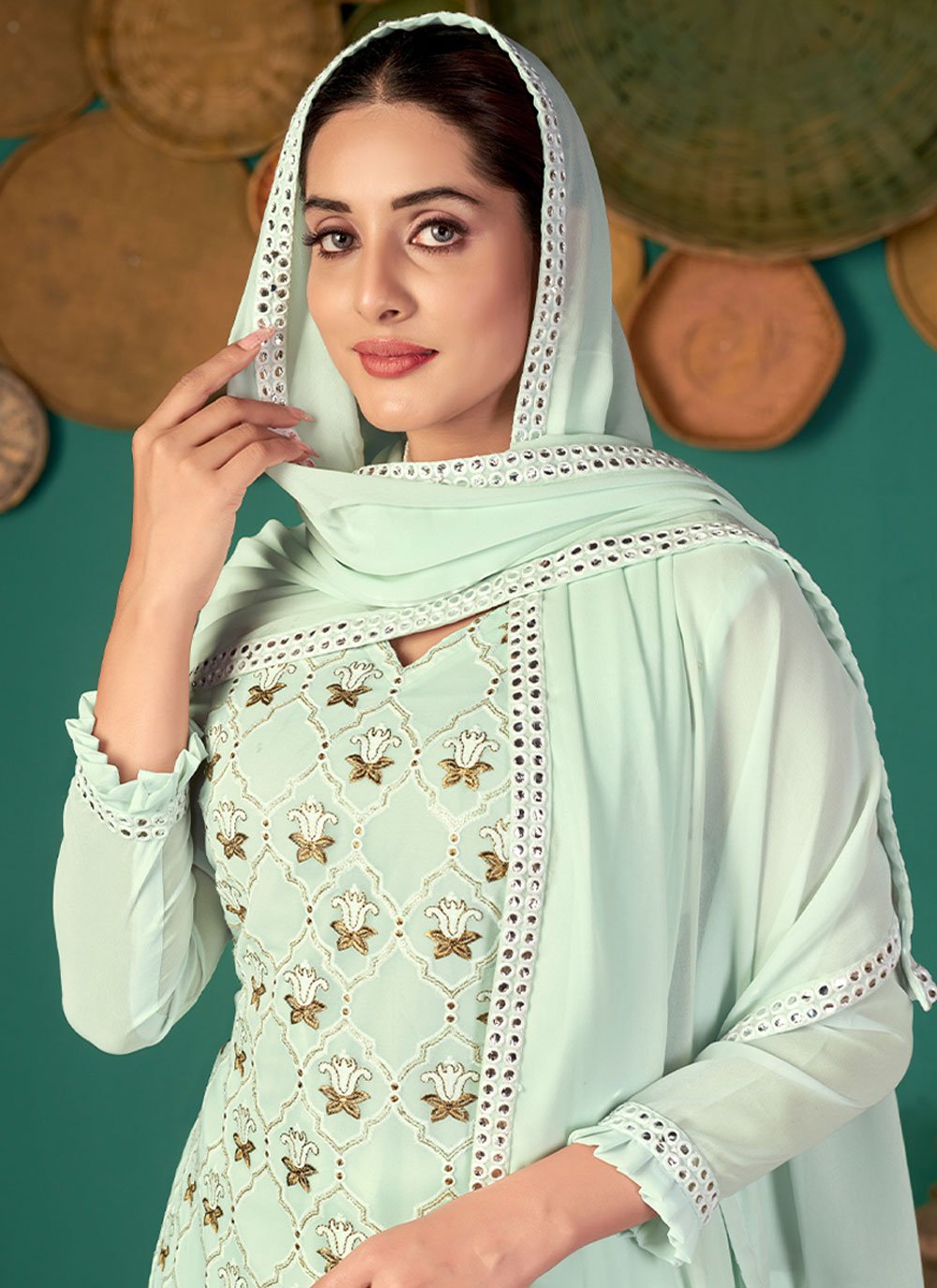 Salwar Suit Faux Georgette Green Embroidered Salwar Kameez