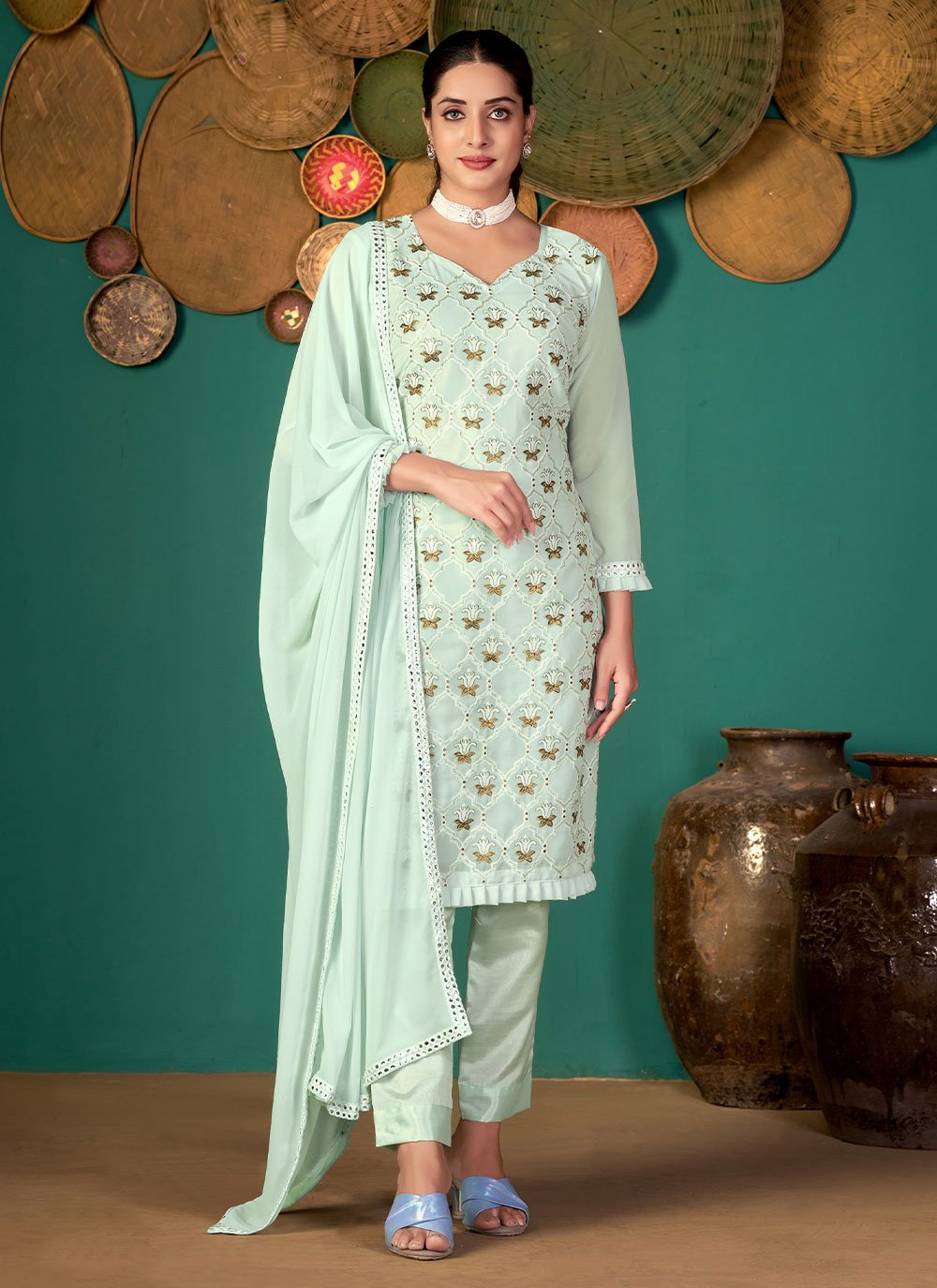 Salwar Suit Faux Georgette Green Embroidered Salwar Kameez