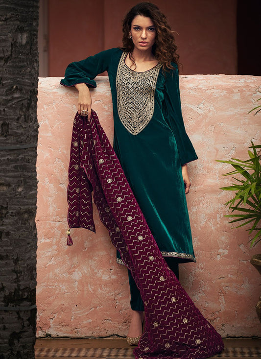 Salwar Suit Velvet Green Zari Salwar Kameez