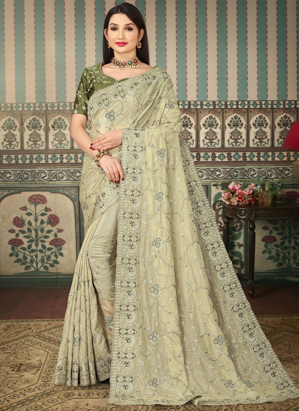 Classic Georgette Green Embroidered Saree