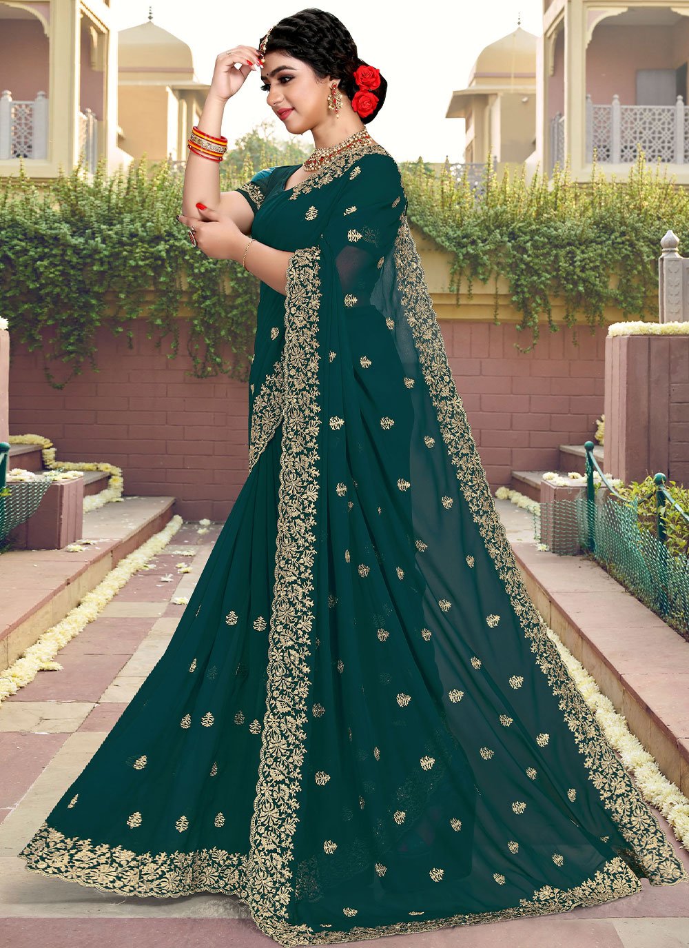 Classic Georgette Green Embroidered Saree