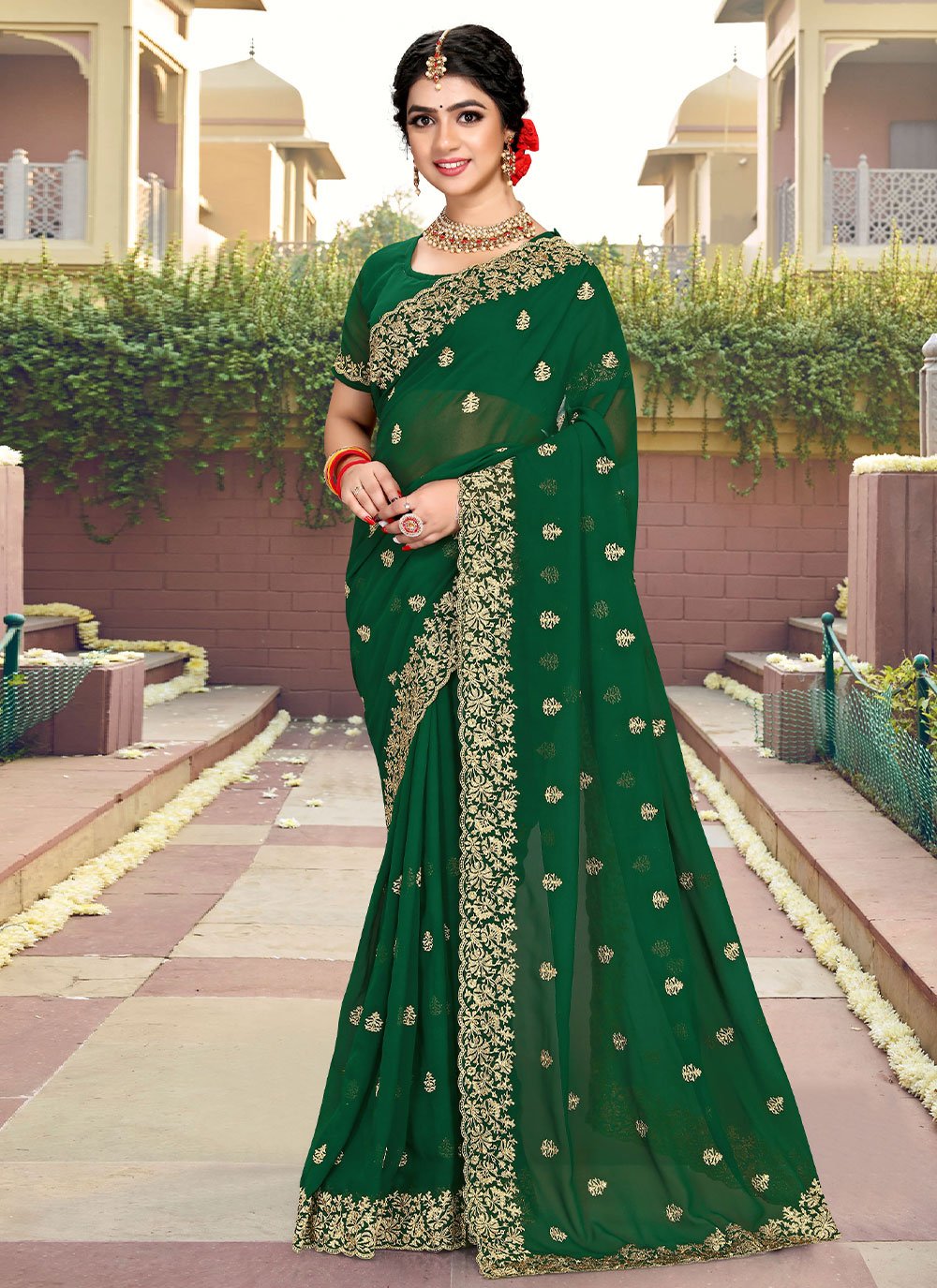 Classic Georgette Green Embroidered Saree