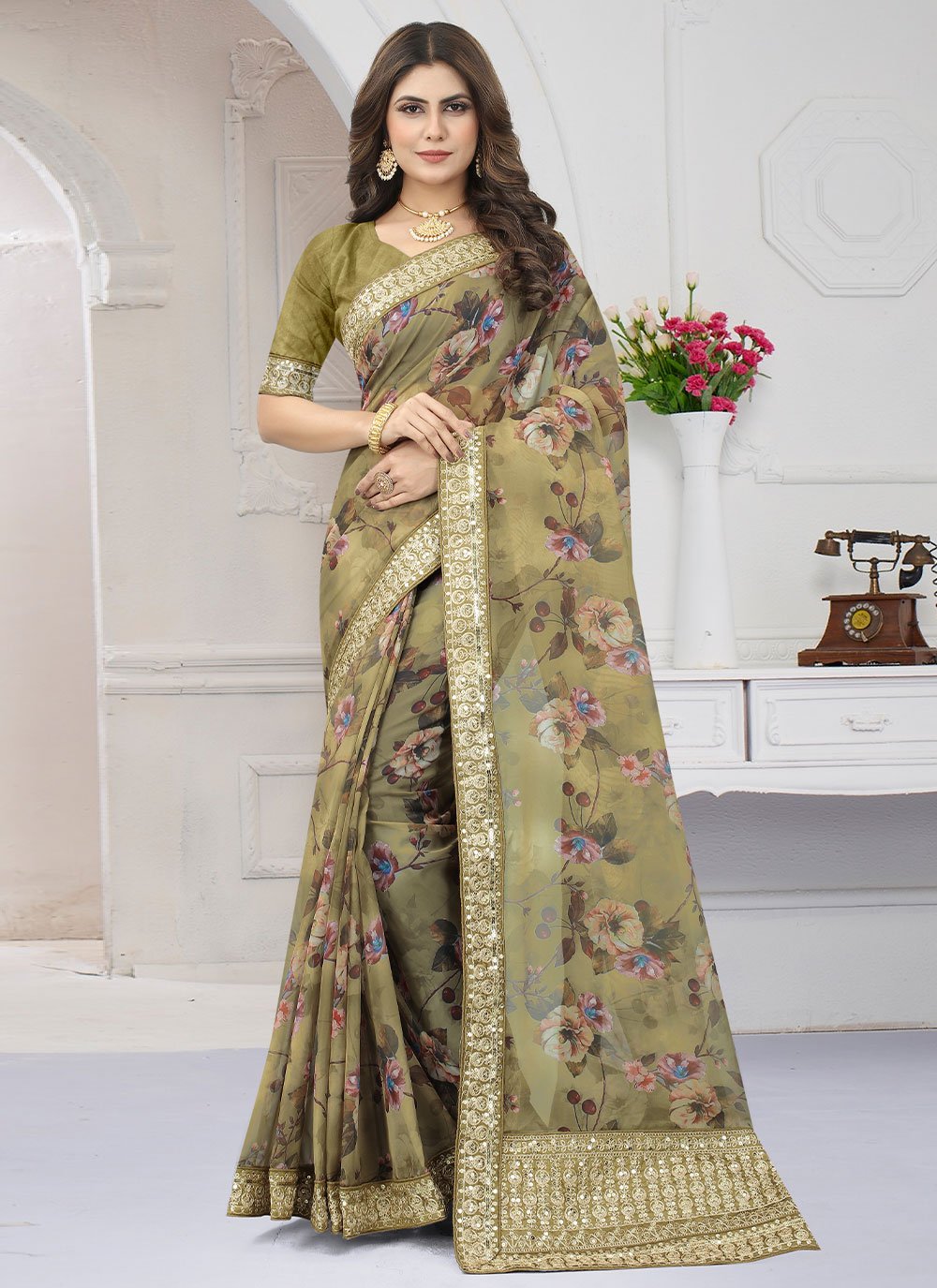 Classic Organza Green Cord Work Saree