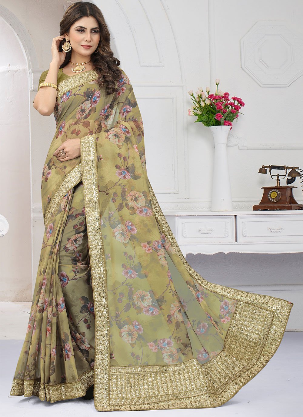 Classic Organza Green Cord Work Saree