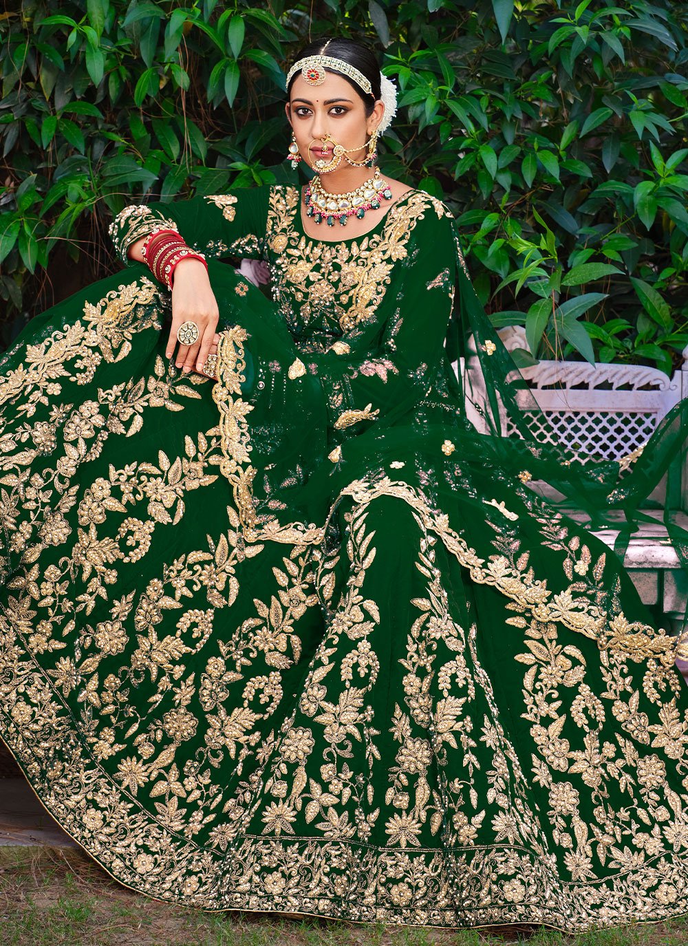 Lehenga Choli Velvet Green Dori Work Lehenga Choli